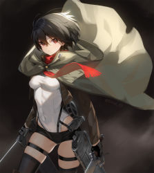 Rule 34 | 1girl, ahoge, artist name, backlighting, belt, belt buckle, black background, black gloves, black hair, breasts, buckle, cape, closed mouth, clothes lift, commentary request, dual wielding, eyes visible through hair, gloves, gradient background, hair between eyes, half gloves, highres, hip vent, holding, holding weapon, jacket, leotard, leotard under clothes, long sleeves, looking at viewer, micro shorts, mikasa ackerman, red eyes, red scarf, scarf, shingeki no kyojin, short hair, shorts, siino, skin tight, skindentation, solo, thighhighs, twitter username, weapon