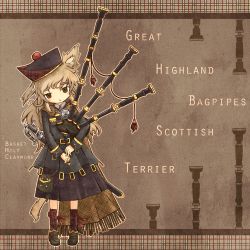 Rule 34 | 1girl, akihiyo, animal ears, bagpipes, blush stickers, brown eyes, brown hair, dog ears, dog tail, english text, hat, instrument, long hair, original, personification, plaid, scarf, sheath, skirt, solo, sword, tail, weapon