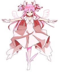 Rule 34 | 10s, 1girl, boots, cotton tofu, detached wings, dress, full body, gloves, hair ornament, jewelry, kaname madoka, long hair, mahou shoujo madoka magica, mahou shoujo madoka magica (anime), outstretched arms, pink eyes, pink footwear, pink hair, simple background, smile, solo, spoilers, spread arms, twintails, two side up, ultimate madoka, white background, wings