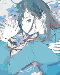 Rule 34 | 1girl, absurdres, blue eyes, blue flower, blue shirt, bracelet, breasts, brown hair, collared shirt, commentary request, earrings, flower, flower earrings, from above, gradient eyes, hair flower, hair ornament, hand on own chest, hand up, highres, jewelry, long hair, long sleeves, looking at viewer, lying, multicolored eyes, necklace, no pupils, nocopyrightgirl, on back, open hand, orange eyes, original, pale skin, parted lips, ring, shirt, sleeve cuffs, small breasts, solo, sticky note, swept bangs, upper body