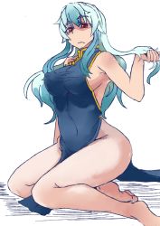 Rule 34 | 1girl, alternate costume, blue hair, breasts, china dress, chinese clothes, covered erect nipples, dress, eyebrows, heiseikorotaisei, kamishirasawa keine, large breasts, looking at viewer, naked tabard, no bra, no panties, red eyes, serious, side slit, sideboob, sitting, solo, tabard, thighs, touhou