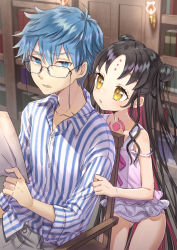 Rule 34 | 1boy, 1girl, 90kyuuri, :o, black hair, blue eyes, blue hair, buttons, collared shirt, commentary request, double bun, eyelashes, eyewear strap, facial mark, fate/grand order, fate (series), forehead mark, glasses, hair bun, hans christian andersen (adult) (fate), hans christian andersen (fate), highres, holding, holding paper, indoors, long hair, looking to the side, paper, parted bangs, sessyoin kiara, sessyoin kiara (lily), shirt, sitting, striped clothes, striped shirt, vertical-striped clothes, vertical-striped shirt, wooden chair, yellow eyes