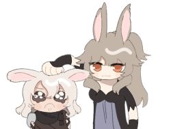 Rule 34 | 1boy, 1girl, animal ears, chibi, chibi only, closed mouth, crying, final fantasy, final fantasy xiv, gg dal, grey hair, looking at viewer, orange eyes, ponytail, punching, rabbit ears, simple background, tears, viera, warrior of light (ff14), white background