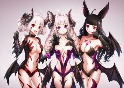 Rule 34 | 3girls, ahoge, animal ears, bad id, bad pixiv id, black gloves, black hair, braid, breasts, cleavage, collar, collarbone, cowboy shot, demon girl, dungeon and fighter, elbow gloves, facial mark, gloves, gradient background, horns, long hair, looking at viewer, lunacle, medium breasts, multiple girls, nyarly the forbidden, open mouth, purple eyes, red eyes, revealing clothes, short hair, smile, standing, twin braids, twintails, white hair, wings
