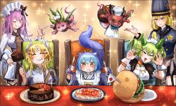 Rule 34 | absurdres, apron, blonde hair, blue eyes, blue hair, breasts, buerillabaisse de nouvelles, confiras de nouvelles, dragon girl, dragon horns, dragon tail, dress, duel monster, ecclesia (yu-gi-oh!), gloves, hatano kiyoshi, highres, holding, horns, hungry burger, incredible ecclesia the virtuous, kitchen dragonmaid, laundry dragonmaid, long hair, maid, maid apron, medium breasts, multicolored hair, multiple girls, open mouth, patissciel couverture, poissoniere de nouvelles, short hair, smile, tail, wa maid, yellow eyes, yu-gi-oh!
