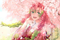 Rule 34 | 1girl, braid, cherry blossoms, falling petals, floral print, gradient hair, green eyes, green hair, hair between eyes, hand on own face, highres, japanese clothes, kanroji mitsuri, kimetsu no yaiba, kimono, looking at viewer, mole, mole under eye, multicolored hair, multiple braids, open mouth, outdoors, petals, pink hair, pink kimono, print kimono, smile, solo, teeth, twilightend, upper body, upper teeth only