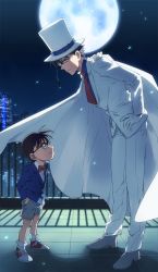 Rule 34 | 2boys, blazer, blue eyes, blue shirt, bow, bowtie, brown hair, building, cape, child, closed mouth, collared shirt, commentary request, dress shirt, edogawa conan, eye contact, formal, from side, full body, full moon, glasses, gloves, grey footwear, grey shorts, hair between eyes, hand in pocket, hands on own hips, hat, height difference, jacket, k (gear labo), kaitou kid, leaning forward, long sleeves, looking at another, magic kaito, male focus, meitantei conan, monocle, moon, multiple boys, necktie, pants, railing, red bow, red neckwear, shadow, shirt, shoes, short hair, shorts, skyscraper, smirk, sneakers, standing, suit, top hat, white cape, white footwear, white gloves, white jacket, white pants, white shirt, white suit