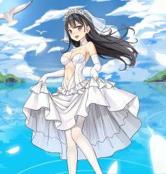 Rule 34 | 1girl, :d, absurdres, bare shoulders, bird, black hair, blush, breasts, bridal veil, bride, cleavage, clothes lift, clothing cutout, cloud, commentary request, detached collar, dress, dress lift, elbow gloves, feathers, feet out of frame, floating hair, flower, forehead, frilled dress, frills, gloves, glowing, hair flower, hair ornament, highres, knees together feet apart, legs apart, lifted by self, long hair, looking at viewer, medium breasts, navel, navel cutout, open mouth, original, outdoors, pink eyes, purple eyes, reflection, reflective water, rose, shadow, shenyuekong, sky, smile, solo, teeth, upper teeth only, veil, wedding dress, white bird, white dress, white flower, white gloves, white legwear, white rose