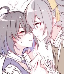 Rule 34 | 2girls, 6 (yuchae), ahoge, black hair, blue hair, blush, bow, bronya zaychik, closed eyes, closed mouth, collared shirt, commentary request, drill hair, facing another, grey hair, hair between eyes, hair bow, hand on another&#039;s face, honkai (series), honkai impact 3rd, korean commentary, looking at another, multicolored hair, multiple girls, profile, seele vollerei, shirt, smile, steam, sweater vest, twin drills, two-tone hair, white shirt, yellow bow
