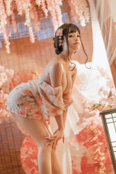 Rule 34 | 1girl, bare back, bare legs, bare pectorals, bare shoulders, barefoot, bent over, breasts, chinese (nationality), cosplay, curly hair, curtains, flower, flower on head, flower print, flowers in hair, highres, indoors, japanese clothes, japanese house, large breasts, leaf, long image, mizhimaomao, mizhimaoqiu, nail polish, pectorals, photo (medium), pointing, real life, standing, tagme, umbrella, undressing, white nails