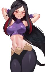 Rule 34 | 1girl, armpits, arms behind head, black hair, breasts, highres, large breasts, long hair, lucy (pokemon), midriff, navel, pants, red eyes, simple background, smile, solo, very long hair, volyz, white background