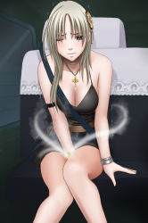 Rule 34 | 1girl, bare shoulders, bracelet, breasts, brown eyes, character request, cleavage, closed mouth, collarbone, crimson comics, cross, cross necklace, female focus, game cg, jewelry, long hair, necklace, one eye closed, silver hair, sitting, solo, taimashi mikoto, wince, wink