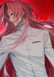 Rule 34 | 1boy, eyes visible through hair, hatsutori hajime, high collar, highres, long hair, long sleeves, looking to the side, male focus, parted lips, pink hair, red background, red eyes, saibou shinkyoku, shirt, simple background, solo, upper body, very long hair, white shirt, zero (wangmeilin)
