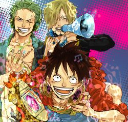 Rule 34 | 3boys, black hair, blonde hair, facial hair, formal, goatee, green hair, hair over one eye, headphones, lowres, male focus, monkey d. luffy, mouth hold, multiple boys, musical note, one-eyed, one piece, open clothes, open shirt, red shirt, robe, roronoa zoro, sanji (one piece), sash, scar, shirt, smile, suit, wink