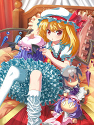 Rule 34 | 0 0, 1girl, :o, ascot, bat wings, bed, bed frame, blonde hair, braid, brooch, character doll, embellished costume, embodiment of scarlet devil, female focus, flandre scarlet, frilled pillow, frills, gathers, grey hair, hat, hat ribbon, izayoi sakuya, jewelry, light purple hair, loose thighhigh, lying, maid, maid headdress, naox, o o, on back, petticoat, pillow, red eyes, remilia scarlet, ribbon, short hair, side ponytail, solo, thighhighs, too many, touhou, twin braids, upskirt, white thighhighs, wings, yukkuri shiteitte ne