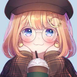 Rule 34 | 1girl, :3, blonde hair, blue background, blue eyes, bob cut, brown coat, brown headwear, coat, coffee, commentary, earrings, english commentary, frappuccino, glasses, hair ornament, hairclip, hands on own chin, heart, heart earrings, hololive, hololive english, iced coffee, jewelry, light blush, long sleeves, plaid, plaid coat, round eyewear, short hair, simple background, solo, sora rinn, virtual youtuber, watson amelia, whipped cream