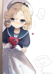 Rule 34 | ..., 1girl, artist name, blonde hair, blue eyes, blue sailor collar, blush, box, closed mouth, dress, gift, gift box, gloves, hat, heart, holding, holding gift, janus (kancolle), kantai collection, one-hour drawing challenge, sailor collar, sailor dress, sailor hat, short hair, short sleeves, signature, solo, spoken ellipsis, white dress, white gloves, white hat, yamashichi (mtseven)