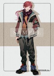Rule 34 | 1boy, black pants, colored tips, drink, gradient hair, green eyes, hinatsu, holding, holding drink, jacket, jewelry, lauren iroas, long hair, male focus, multicolored hair, necklace, nijisanji, official art, open clothes, open jacket, open mouth, orange shirt, pants, red hair, red scarf, sample watermark, scarf, shirt, smile, solo, virtual youtuber, watermark
