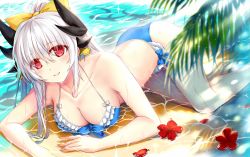 Rule 34 | 1girl, bikini, blue bikini, bow, breasts, cleavage, collarbone, day, fate/grand order, fate (series), flower, frilled bikini, frills, hair between eyes, hair bow, horns, kiyohime (fate), kiyohime (fate/grand order), kiyohime (swimsuit lancer) (fate), kiyohime (swimsuit lancer) (third ascension) (fate), large breasts, long hair, looking at viewer, morizono shiki, outdoors, ponytail, red eyes, red flower, sideboob, silver hair, smile, solo, swimsuit, wet, yellow bow