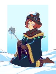 Rule 34 | 1girl, androgynous, blue background, blush, boots, brown footwear, brown gloves, brown hair, closed mouth, commentary, d-rex, etrian odyssey, expressionless, frilled robe, frilled sleeves, frills, fur trim, gloves, hat, highres, holding, holding weapon, ice, long sleeves, looking at viewer, mace, red eyes, red hair, robe, rune master (sekaiju), sekaiju no meikyuu, sekaiju no meikyuu 4, short hair, sitting, snow, solo, wariza, weapon, white background, wide sleeves, winter clothes