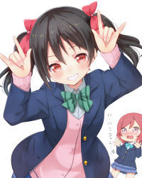 Rule 34 | 10s, 2girls, black hair, blazer, blush, bow, cardigan, chibi, double m/, grin, hair bow, haruken, jacket, long hair, looking at viewer, love live!, love live! school idol project, m/, medium hair, multiple girls, nico nico nii, nishikino maki, open clothes, open jacket, parted lips, purple eyes, red bow, red eyes, red hair, school uniform, short hair, simple background, skirt, smile, standing, teeth, twintails, wavy mouth, white background, yazawa nico