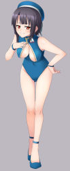 Rule 34 | 10s, 1girl, adapted costume, black hair, breasts, female focus, front zipper swimsuit, hand on own hip, hat, kantai collection, large breasts, meme attire, one-piece swimsuit, red eyes, short hair, simple background, smile, solo, swimsuit, takao (kancolle), tks (526tks)