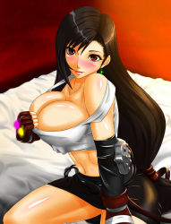 Rule 34 | 1990s (style), 1girl, bed, black hair, blush, breasts, cleavage, earrings, final fantasy, final fantasy vii, fingerless gloves, gloves, highres, jewelry, large breasts, licking lips, long hair, looking at viewer, low-tied long hair, midriff, ms-098-3, navel, red eyes, red hair, retro artstyle, seductive smile, sitting, skirt, smile, solo, tifa lockhart, tongue, tongue out