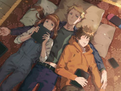 Rule 34 | 1girl, 2boys, belt, blonde hair, brown hair, closed mouth, closed eyes, green eyes, hairband, handheld game console, highres, holding, holding tablet pc, kei mikhail ignatov, kome kako, long hair, lying, lying on person, maiko maya stronskaya, multiple boys, nintendo switch, open mouth, pillow, psycho-pass, shindou arata, shindou arata (psycho-pass), short hair, sleeping, sleeping on person, smile, tablet pc, aged down