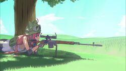 Rule 34 | 1girl, ahoge, animal ears, animal helmet, animated, backpack, bag, bike shorts, binoculars, bipod, blue eyes, cat ears, commentary request, day, dragunov svd, fingerless gloves, firing, fxx, gloves, goggles, goggles on head, gun, hair through headwear, helmet, hinata channel, holding, holding gun, holding weapon, long hair, low twintails, lying, nekomiya hinata, on stomach, outdoors, pink hair, rifle, scope, shell casing, shorts, sniper rifle, solo, tagme, tree, twintails, under tree, vest, video, virtual youtuber, weapon, white vest