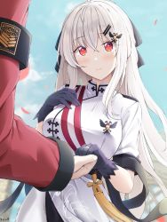 Rule 34 | 1boy, 1girl, armband, black bow, black gloves, blue sky, blush, bow, breasts, closed mouth, cloud, commander (girls&#039; frontline), commentary, day, dress, girls&#039; frontline, glint, gloves, griffin &amp; kryuger military uniform, hair between eyes, hair bow, hair ornament, hairclip, hand up, highres, iws 2000 (edelweiss) (girls&#039; frontline), iws 2000 (girls&#039; frontline), jacket, jewelry, keenh, medium breasts, official alternate costume, outdoors, petals, red eyes, red jacket, ring, short sleeves, sky, smile, solo focus, wedding band, white dress, white hair
