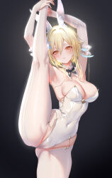 Rule 34 | 1girl, absurdres, alternate costume, animal ears, armpits, arms up, black background, black bow, black bowtie, blonde hair, blush, bow, bowtie, breasts, bridal gauntlets, cleavage, commentary request, covered navel, fake animal ears, feather hair ornament, feathers, genshin impact, hair ornament, highleg, highleg leotard, highres, large breasts, leg lift, leotard, looking at viewer, lumine (genshin impact), medium hair, pantyhose, parted lips, playboy bunny, pottsness, rabbit ears, simple background, solo, split, standing, standing on one leg, standing split, thighs, white leotard, white pantyhose, yellow eyes