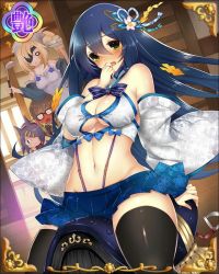 Rule 34 | 4girls, artist request, bare shoulders, black legwear, blue hair, blush, breasts, character request, chibi, cleavage, cleavage cutout, clothing cutout, date shigezane (sengoku bushouki muramasa), detached sleeves, dutch angle, finger to mouth, flower, hair flower, hair ornament, jpeg artifacts, large breasts, long hair, mechanical bull, medium breasts, midriff, miniskirt, multiple girls, navel, official art, ribbon, riding, riding machine, sengoku bushouki muramasa, skirt, solo focus, thighhighs, underboob, walk-in, yellow eyes, zettai ryouiki