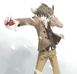 Rule 34 | 1boy, blue oak, brown hair, brown jacket, closed mouth, commentary request, creatures (company), eevee, game freak, gen 1 pokemon, hazaki, holding, holding poke ball, jacket, jewelry, long sleeves, male focus, necklace, nintendo, on shoulder, open clothes, outstretched arm, pants, poke ball, poke ball (basic), pokemon, pokemon (creature), pokemon hgss, pokemon on shoulder
