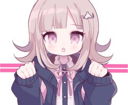 Rule 34 | 1girl, aliceyawnin, backpack, bag, black jacket, blunt bangs, blush, brown hair, chestnut mouth, clenched hands, collared shirt, danganronpa (series), danganronpa 2: goodbye despair, female focus, flat chest, hair ornament, hairclip, hands up, jacket, long sleeves, looking at viewer, nanami chiaki, neck ribbon, open mouth, outline, paw pose, pink eyes, pink outline, pink ribbon, ribbon, shirt, short hair, simple background, solo, straight-on, teeth, two-tone background, upper body, white background, white shirt