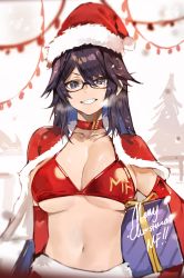 Rule 34 | 1girl, absurdres, alternate costume, bikini, bikini top only, black eyes, black hair, box, breasts, breath, capelet, carrying, carrying under arm, christmas, cleavage, commentary, dokuro deluxe, elbow gloves, english commentary, fur-trimmed capelet, fur trim, gift, gift box, glasses, gloves, grin, hair between eyes, hat, highres, holding, holding box, indie virtual youtuber, kson, large breasts, long hair, looking at viewer, mole, mole under eye, navel, red bikini, red capelet, red gloves, santa bikini, santa hat, simple background, smile, solo, souchou, stomach, string bikini, swimsuit, upper body, v-shaped eyebrows, virtual youtuber, white background