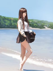 Rule 34 | 1girl, artist name, bare legs, barefoot, beach, black sailor collar, black skirt, blouse, blue sky, blurry, blurry background, blush, breasts, brown eyes, brown hair, brown skirt, clothes lift, commentary, day, depth of field, english commentary, from side, full body, highres, holding, horizon, long hair, long sleeves, looking at viewer, looking to the side, neckerchief, nhaliz, ocean, original, outdoors, photo-referenced, pleated skirt, sailor collar, school uniform, serafuku, shadow, shirt, skirt, skirt lift, sky, smile, solo, standing, twitter username, wading, water, white shirt
