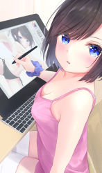 Rule 34 | 1girl, absurdres, black hair, blue eyes, blush, breasts, camisole, downblouse, drawing, highres, holding, holding pen, keyboard (computer), looking at viewer, medium breasts, open mouth, original, pen, pink camisole, pink shirt, shirt, short hair, sitting, solo, stylus, thighhighs, thighs, white thighhighs, yuna rebun