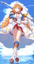 1girl ahoge ascot blue_eyes blue_sleeves braid breasts cloud cloudy_sky gloves highres orange_hair pecorine_(princess_connect!) pleated_skirt princess_connect! red_ascot red_skirt ruda_(ruda_e) shrug_(clothing) skirt sky solo sword tiara weapon