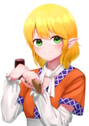 Rule 34 | 1girl, absurdres, arm warmers, blonde hair, blush, breasts, brown shirt, closed mouth, commentary, green eyes, green nails, highres, holding, holding mallet, looking at viewer, mallet, medium breasts, mizuhashi parsee, nail polish, pointy ears, scarf, shirt, short hair, short sleeves, simple background, smile, solo, touhou, upper body, white background, white scarf, yokozuna iwashi