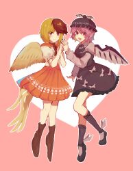 Rule 34 | 2girls, animal, animal ears, animal on head, bird, bird ears, bird on head, bird wings, black footwear, black nails, blonde hair, blush, boots, brown dress, brown footwear, brown headwear, brown socks, chick, closed mouth, commentary, dress, fingernails, full body, hat, heart, highres, knee boots, kneehighs, long fingernails, long sleeves, looking at viewer, multicolored hair, multiple girls, mystia lorelei, nail polish, niwatari kutaka, on head, open mouth, orange dress, pink hair, puffy short sleeves, puffy sleeves, red eyes, red hair, savlietion yuki, sharp fingernails, shirt, shoes, short hair, short sleeves, sleeve garter, smile, socks, symbol-only commentary, touhou, two-tone hair, white shirt, white wings, winged footwear, winged hat, wings