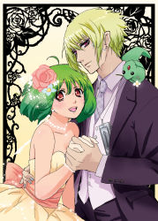 Rule 34 | 1boy, 1girl, ahoge, ai-kun, alternate costume, bare shoulders, brera sterne, brother and sister, cero (cerocero), dress, eyeshadow, flower, formal, green hair, grey nails, hair flower, hair ornament, holding hands, hetero, highres, incest, jewelry, looking at viewer, macross, macross frontier, makeup, nail polish, necklace, necktie, open mouth, ranka lee, red eyes, short hair, siblings, sleeveless, sleeveless dress, smile, strapless, strapless dress, suit
