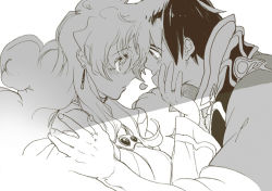 Rule 34 | 00s, 1boy, 1girl, couple, covered mouth, covering another&#039;s mouth, forehead-to-forehead, from side, greyscale, hand on another&#039;s head, hand over another&#039;s mouth, heads together, hetero, kanke (yonkuma), monochrome, nia teppelin, simon (ttgl), simple background, symbol-shaped pupils, tengen toppa gurren lagann, white background