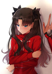 Rule 34 | 1boy, 1girl, against wall, archer (fate), black hair, black ribbon, blue eyes, blush, fate/stay night, fate (series), hair ribbon, highres, kabedon, long hair, looking away, red sweater, ribbon, sweat, sweater, tohsaka rin, tsundere, twintails, two side up, yaoshi jun