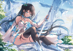 Rule 34 | 1girl, ass, bare shoulders, black hair, black thighhighs, blue eyes, boots, breasts, covered navel, detached sleeves, dress, fuuro (johnsonwade), holding, long hair, long sleeves, looking at viewer, medium breasts, original, parted lips, planted, planted sword, planted weapon, sleeveless, sleeveless dress, solo, strapless, strapless dress, sword, thighhighs, thighs, very long hair, weapon, white dress
