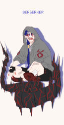 Rule 34 | 1boy, absurdres, alternate costume, bad id, bad pixiv id, bandages, blue hair, contemporary, crossed legs, cu chulainn (fate), cu chulainn (fate) (all), cu chulainn (fate/stay night), cu chulainn alter (fate), cu chulainn alter (fate/grand order), earrings, facepaint, fang, fate/grand order, fate (series), fingerless gloves, fingernails, forked tongue, full body, gloves, highres, hood, hood up, hoodie, jewelry, lancer, long hair, male focus, monster boy, nail polish, open mouth, ponytail, red eyes, sharp fingernails, sharp teeth, shoes, shorts, simple background, sitting, sneakers, solo, spikes, tail, teeth, tensei (thscjstod), tongue, tongue out, type-moon, white background