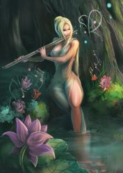 Rule 34 | absurdres, blonde hair, breasts, euterpe, flower, flute, forest, highres, instrument, johnson zhuang, large breasts, muse, music, mythology, nature, pond