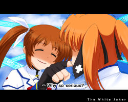 Rule 34 | 2girls, bad id, bad pixiv id, batman (series), bow, brown hair, closed eyes, cloud, day, dc comics, fake screenshot, false smile, fingerless gloves, gloves, kun, kusumo (kungsu2), letterboxed, lyrical nanoha, magical girl, mahou shoujo lyrical nanoha, mahou shoujo lyrical nanoha strikers, multiple girls, orange hair, parody, red bow, red hair, shaded face, short twintails, smile, takamachi nanoha, teana lanster, the dark knight, the joker, trembling, twintails, white devil, why so serious, you gonna get raped