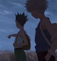 Rule 34 | 2boys, backpack, bag, bird wings, blue shirt, child, cloud, cloudy sky, evening, faceless, faceless male, from behind, gon freecss, green hair, green shorts, hand in pocket, highres, hunter x hunter, killua zoldyck, male focus, multiple boys, outstretched arm, pointing, shirt, shorts, sky, spiked hair, tank top, toripippi 7, white tank top, wings