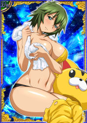 Rule 34 | 00s, 1girl, bare legs, breasts, card (medium), curvy, female focus, green hair, ikkitousen, kyocho chuukou, large breasts, looking at viewer, no bra, shiny skin, short hair, sitting, smile, solo, sweat, thong, towel