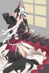 1girl arm_up ass bare_back black_hair closed_eyes closed_mouth dougaku_(passionpit777) dragon_girl dragon_horns dragon_tail dragon_wings dragonmaid_sheou duel_monster from_behind highres horns house_dragonmaid long_sleeves maid maid_headdress short_hair sitting solo tail transformation window_shadow wings yu-gi-oh!